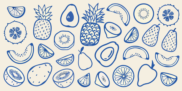 Collection of hand drawn fruit illustrations including pineapple avocado and citrus on a beige background