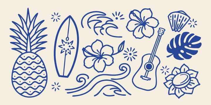 Tropical summer elements illustration with pineapple surfboard flowers and ukulele on a beige background