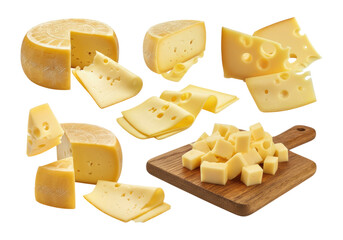 Fototapeta premium Assortment of yellow semi-hard cheeses shown as wheels, wedges, slices and cubes on a wooden board
