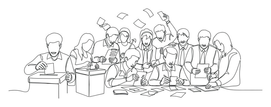 Group of citizens participating in election voting, casting ballots and counting results