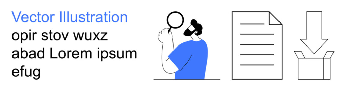 Data analysis, file review, digital research, document management, download processes, efficiency. Person holding magnifying glass, document download arrow box. Data analysis and file review