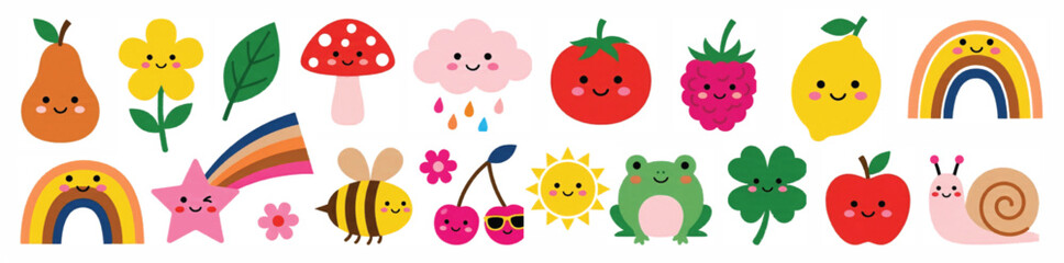 Kawaii cartoon nature stickers, cute character illustrations with smiling faces, colorful 20 element vector set for kids stationery and nursery decor © Muhammad