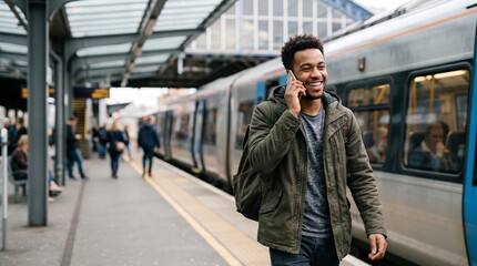 Fototapeta premium Smiling young black man talking on cellphone while walking at train station, african american male traveler with backpack using mobile phone near train, business travel.