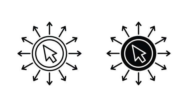 Cursor arrow inside a circular target with multiple radiating arrows pointing outwards representing click through rate and digital user engagement analysis in a clean vector icon set
