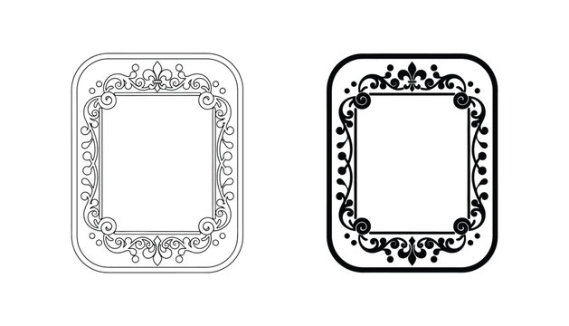 Ornate rectangular frame with floral flourishes and fleur de lis motifs in elegant vintage style for decorative borders and classic photo display as a professional vector graphic set