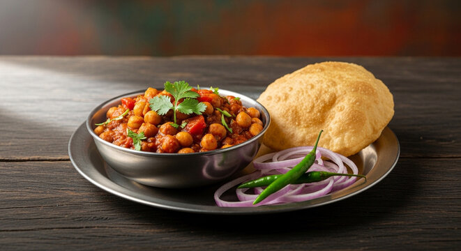 Indian street food plate with chana masala and puri