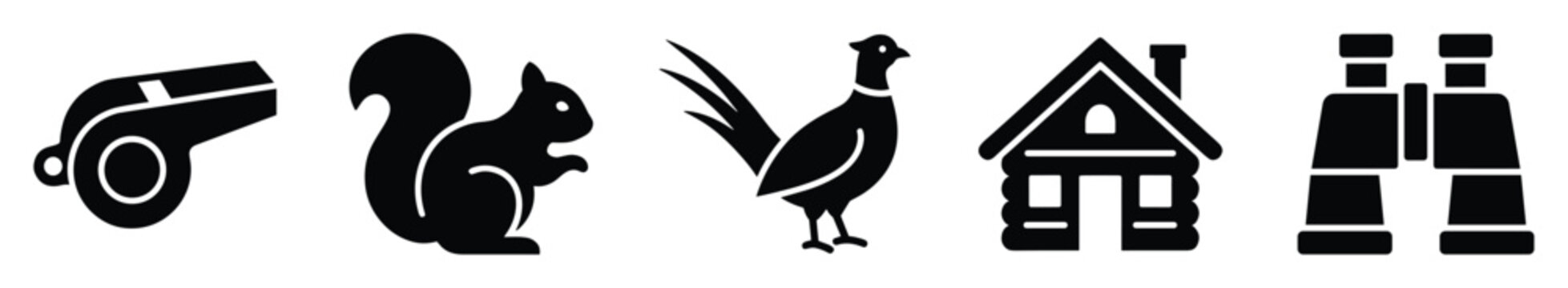 Outdoor adventure and hunting icons featuring whistle squirrel pheasant cabin and binoculars