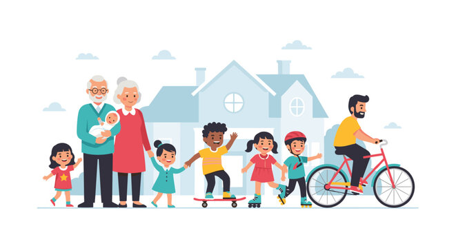 Happy diverse family including grandparents, children, and a father on a bike standing together in front of their home.