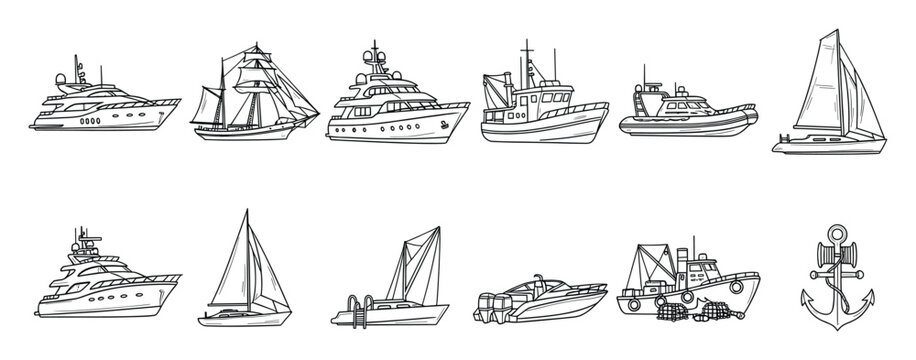 Various hand drawn boat types including yacht, sailboat, fishing boat for marine projects