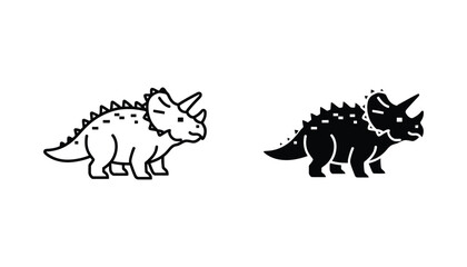 Triceratops dinosaur icon set featuring line art and solid black silhouette styles for educational materials and prehistoric themed graphic design projects © Serene