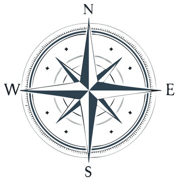 Illustration of a navy compass rose with cardinal directions pointing north, south, east, and west