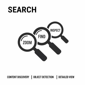 Magnifying Glass Icons: Zoom, Find, Inspect for Content Discovery & Object Detection