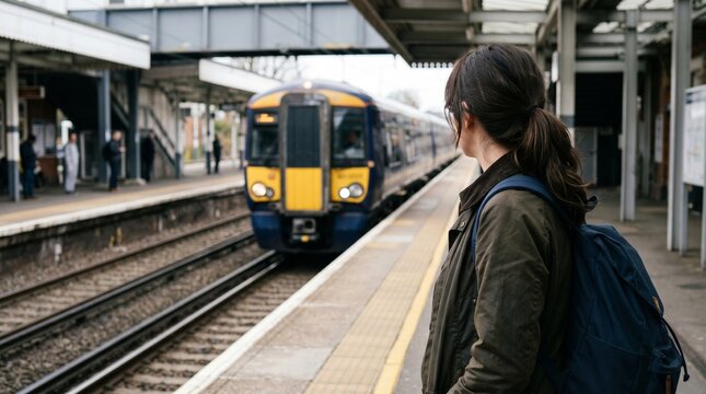 Young woman with backpack waiting for train on station platform commute travel and public transport concept. Rear view of female passenger looking at arriving locomotive at railway.