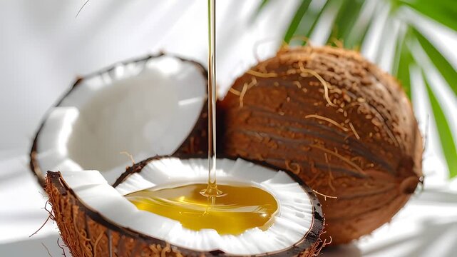 Fresh Coconut Halves Receiving Golden Oil Pouring in Bright Tropical Setting