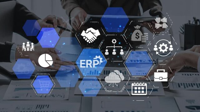 ERP icons show management, integration, and business process. ERP supports data management, ERP efficiency, and ERP organizational solutions. Funnel