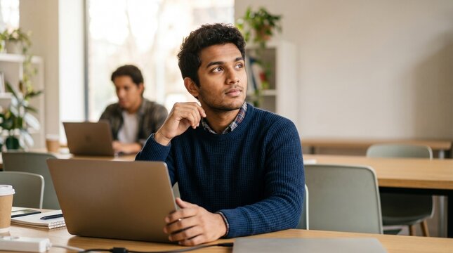Thoughtful young Indian man working on laptop in modern office or coworking space. Pensive male student studying and looking away. Career and education concept.