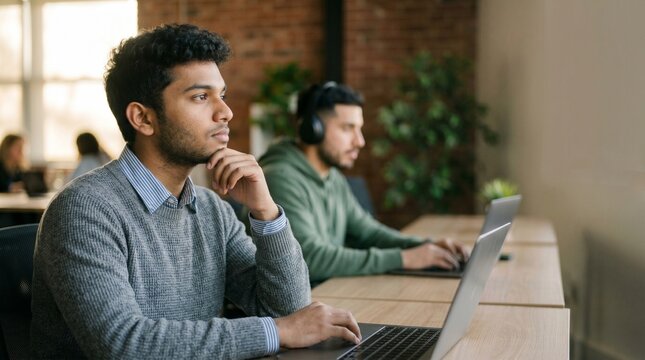 Thoughtful young Indian man developer working on laptop in modern office space with colleague, software engineer programming and problem solving, business professional tech career