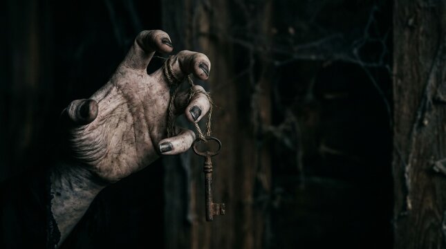 Creepy zombie hand holding old rusty key tied with rope on dark mysterious background, horror halloween concept of secret room or dungeon, dramatic gothic style mystical wallpaper.