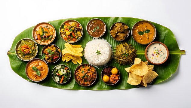 Traditional Onam Sadya feast served on banana leaf top view vibrant Indian festival celebration platter
