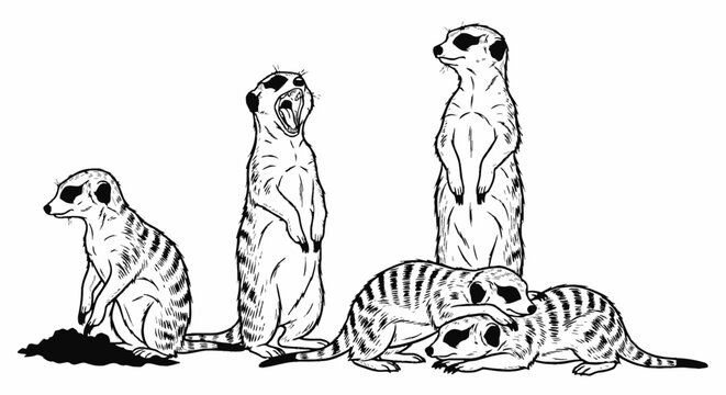 Vintage hand drawn meerkat family illustration, black and white wildlife sketch vector set, cute animals line art for logo, mascot, poster, t-shirt design