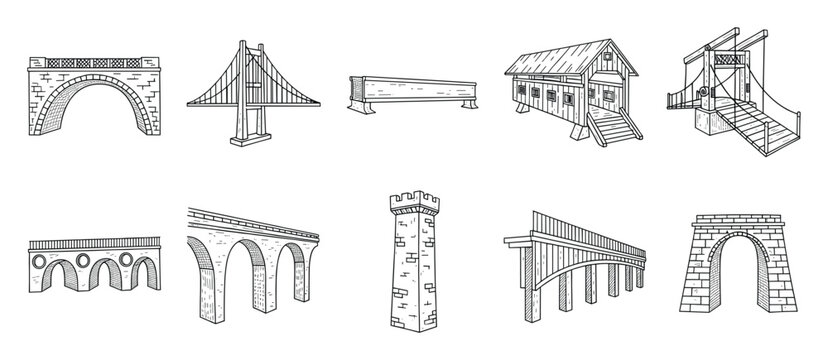 Outline sketches of diverse bridges and a tower for architectural engineering use