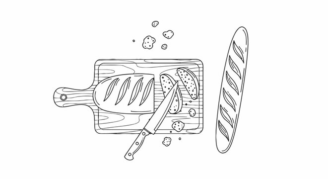 Vintage hand drawn bread baking vector, black and white line art baguette and loaf with cutting board and knife, bakery sketch illustration for menus