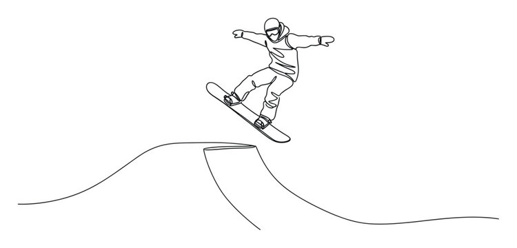 Dynamic continuous line art of a snowboarder jumping a halfpipe ideal for sports marketing