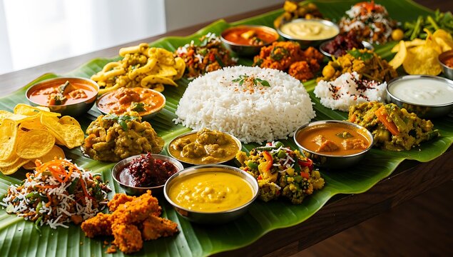 vibrant onam sadya feast on banana leaf with traditional kerala vegetarian dishes and curries