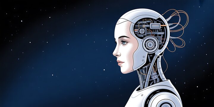 Blue metallic female android head with intricate circuit patterns and glowing blue eyes