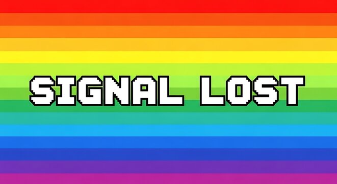 Retro signal lost glitch screen, vintage television test pattern with rainbow stripes, pixelated signal lost text on colorful background