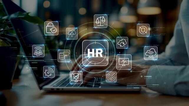 Businessman interacting with laptop as HR, cloud and lock icons appear, illustrating employee management, cybersecurity and digital business operations