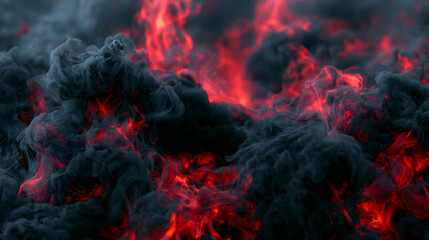 Fototapeta premium Charcoal smoke curls with burning red and orange embers in a dark dramatic abstract backdrop