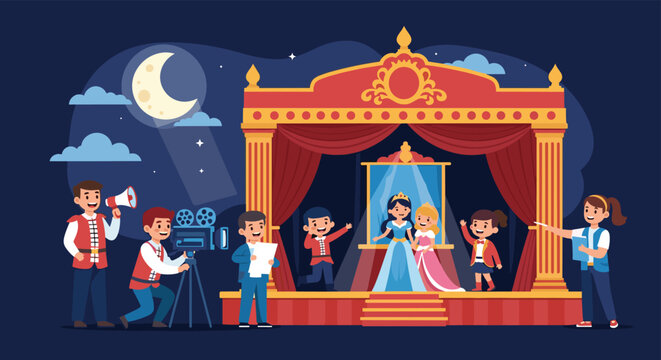Children perform a fairy tale play on a theatrical stage while a young crew records the production with professional equipment.