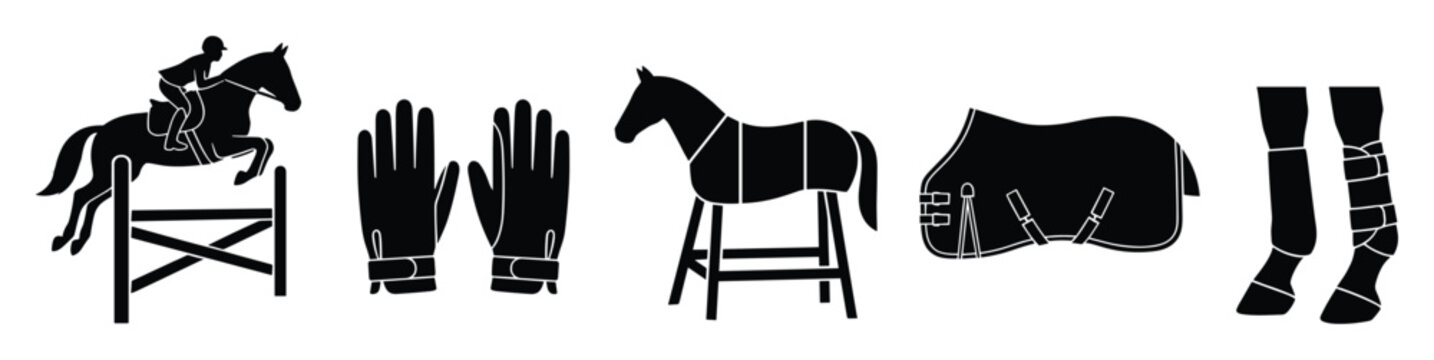 Equestrian sport horse riding gear and animal care accessory silhouettes for design projects