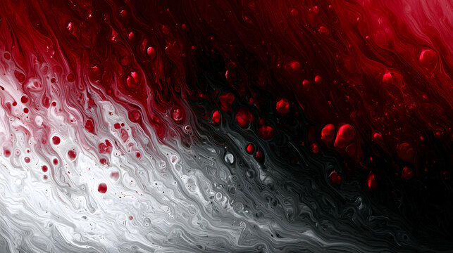 Fluid storm art with metallic red white and silver waves in a dramatic luxury abstract flow