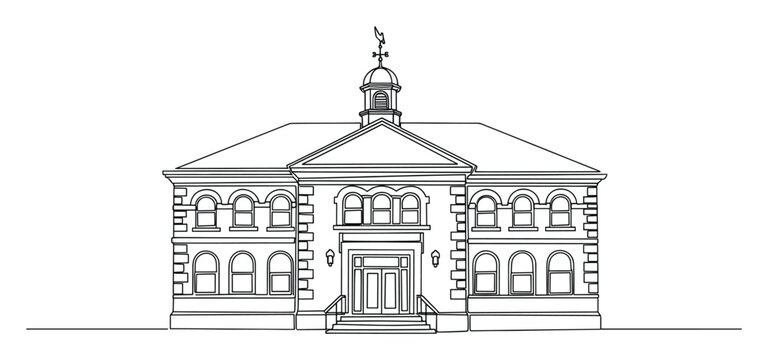 Architectural line drawing of a classic public building with a cupola and weathervane