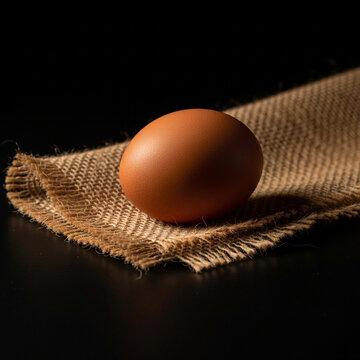 brown egg on burlap cloth in dark background