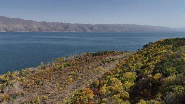 Aerial View of Lake Sevan and Surrounding Hills in Armenia