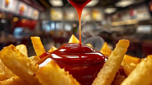 Close-up of crispy French fries with ketchup being poured on top in a cozy restaurant setting. video	
