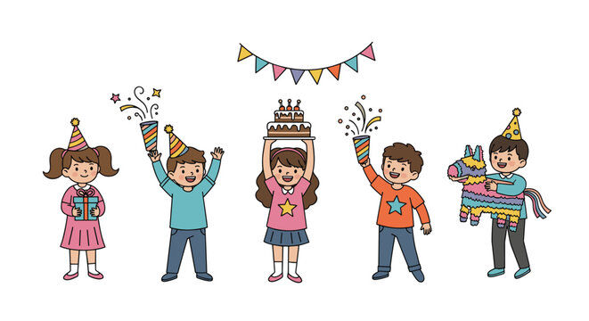 Group of happy children celebrate a birthday party with gifts, a delicious chocolate cake, colorful confetti, and a traditional donkey pi�ata.