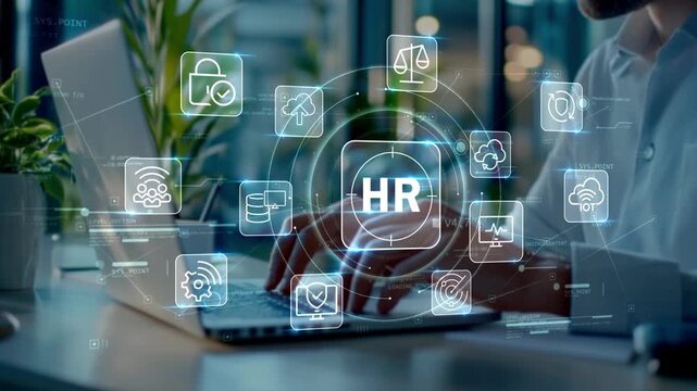 Businessman in modern workspace analyzing workforce data on laptop with HR, cloud and protection icons, representing secure digital business systems and employee analytics
