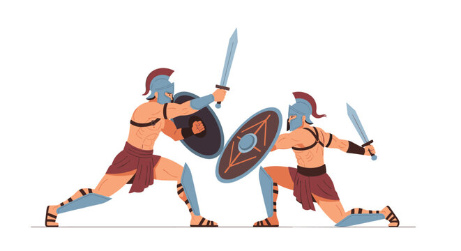 Two powerful ancient gladiators engage in intense combat with swords and shields while wearing traditional bronze helmets and armor sets.