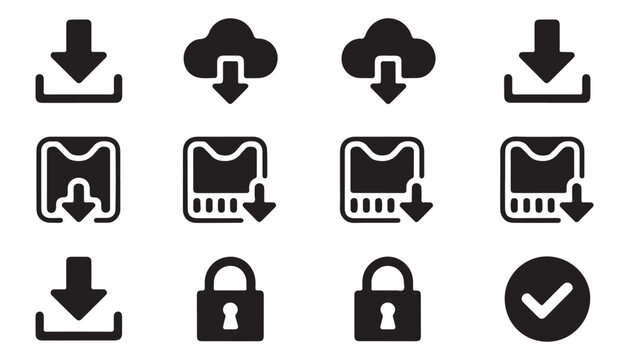 Set of black download icon in flat style isolated on transparent background for your web site.