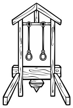 Medieval wooden stockade with hanging metal rings for punishment or torture