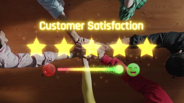 A dynamic visual representation of customer satisfaction featuring stars and emojis, capturing the emotional spectrum of customer feedback on a wooden surface. Raster