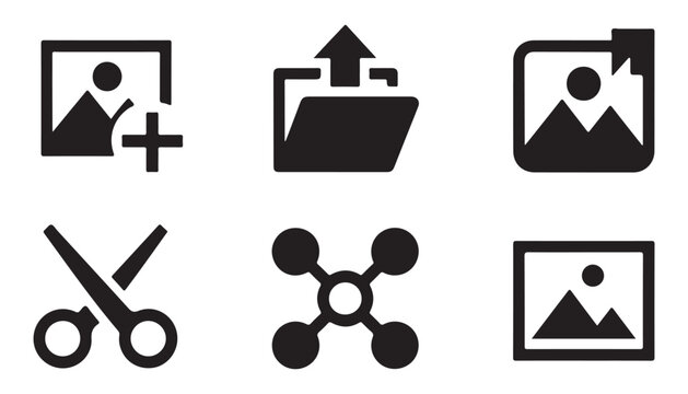 Minimalist digital media icons showing folder upload scissors share and image frame linear symbols.