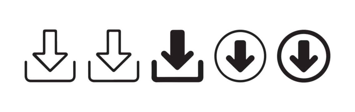 Line and solid download arrow icons set for mobile app development and website navigation elements.