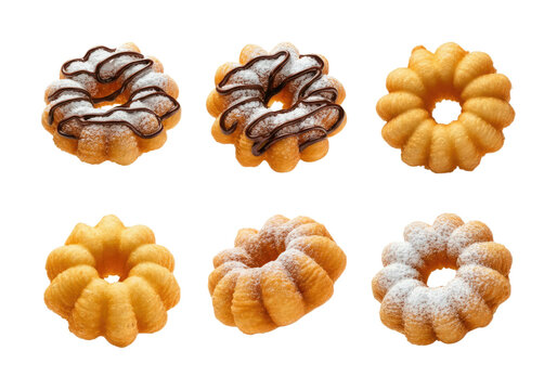 Six fluted ring cruller donuts arranged in two rows, golden and ridged, some dusted with powdered sugar and two topped with chocolate drizzle on a transparent background