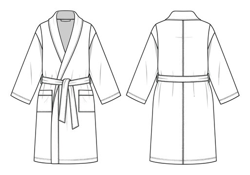 Classic unisex spa bathrobe technical drawing template for apparel and garment design blueprint