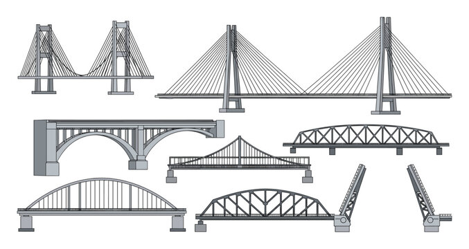 Various bridge types blueprint for engineering, architectural design and construction projects